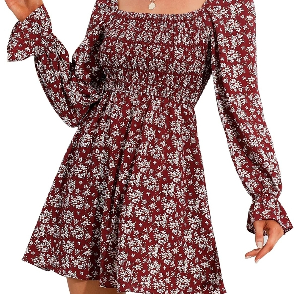 White and Red Smocked A-Line Dress with Bishop Sleeves
